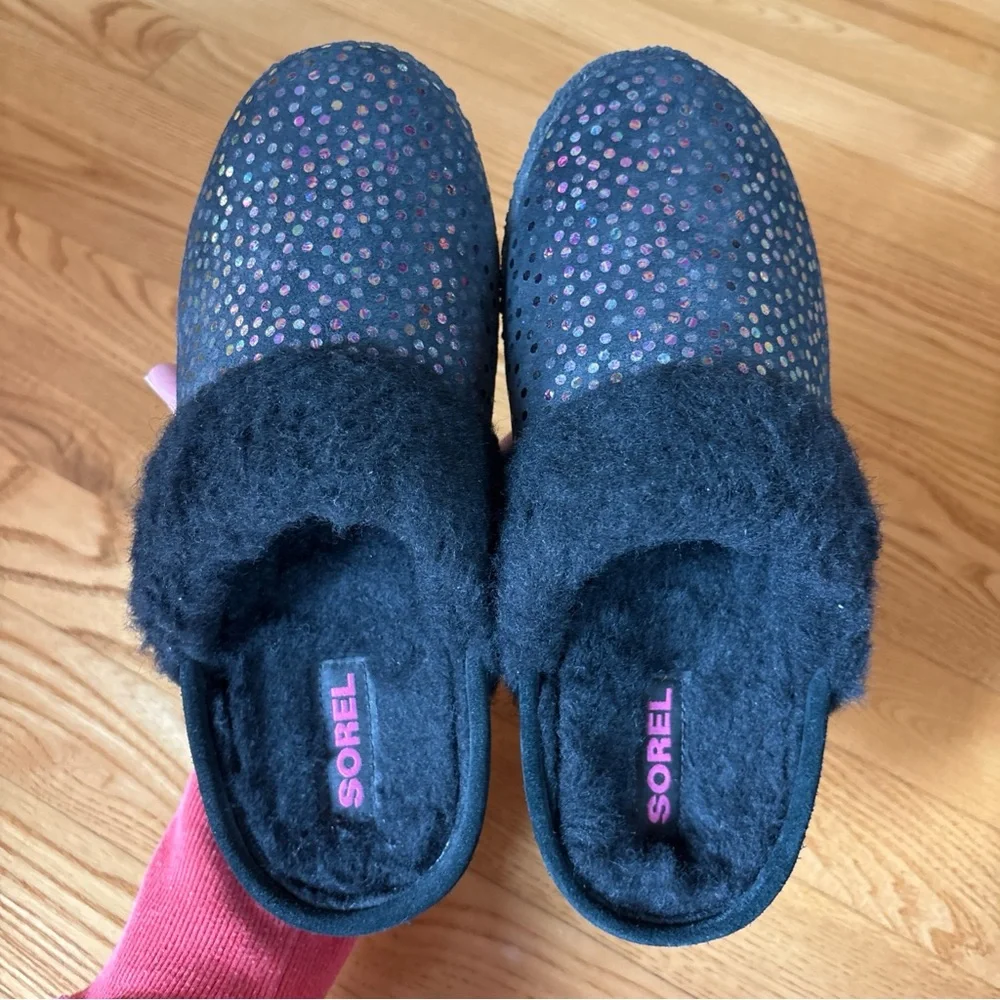 Sorel Nakiska II Slippers Slides Black Iridescent Faux Fur Youth Girls Size 5